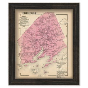 May include: An antique map of Freeport, Maine, printed in pink and black. The map shows the town's streets, businesses, and landmarks. The title "Freeport" is printed in large, bold letters at the top of the map. The map also includes a list of "Freeport Business Notices" and "Freeport Town Business Notices".