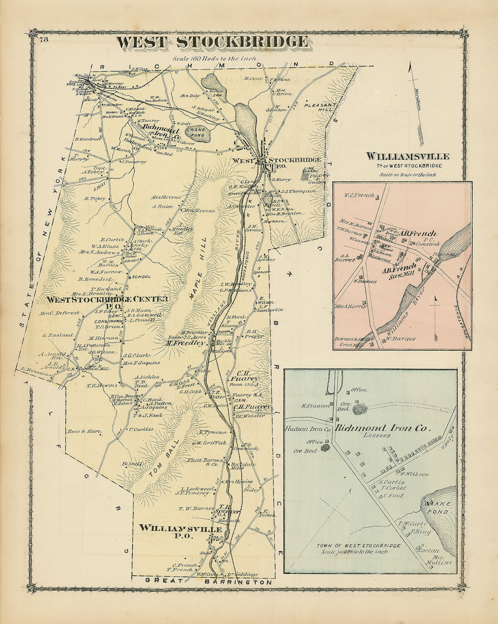 Town of WEST STOCKBRIDGE Massachusetts 1871 Map Replica or Etsy
