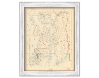 NEWPORT, Tiverton, Little Compton, Middletown and Portsmouth, Rhode Island 1891 Topographic Map - Replica or Genuine Original