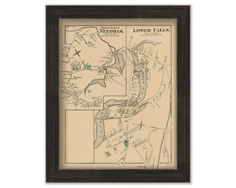 Village of Needham Lower Falls, Massachusetts 1876 Map - Replica or GENUINE ORIGINAL