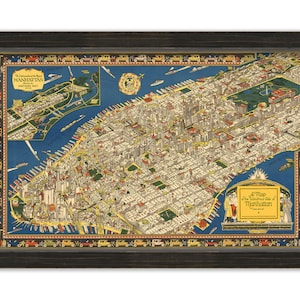 May include: A vintage map of the island of Manhattan, New York City, with a detailed aerial view of the city's streets, buildings, and parks. The map is surrounded by a black frame and features a border of cars and other vehicles.