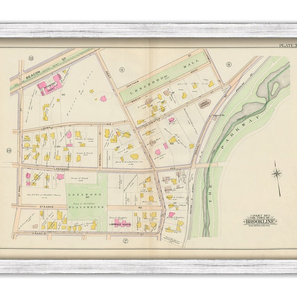 BROOKLINE, Massachusetts 1900 map, Plate 3 - Brookline Ave, Aspinwell St, Linden St - Replica or GENUINE ORIGINAL