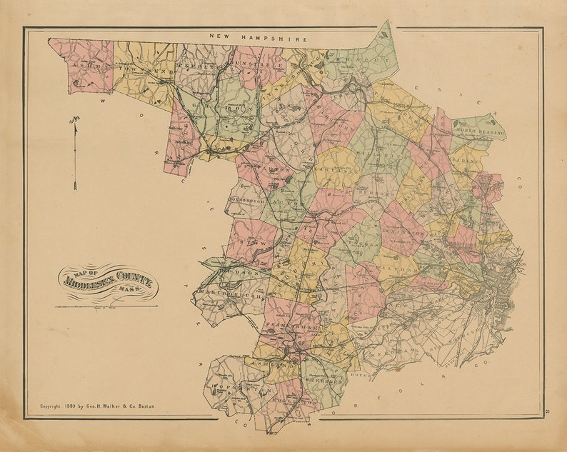 BILLERICA and TEWKSBURY Massachusetts 1889 Map Replica or Etsy