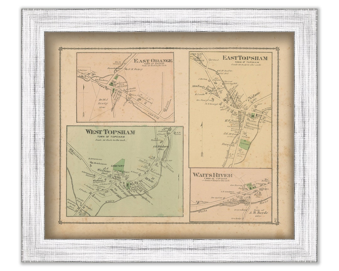 Villages of ORANGE and TOPSHAM, Vermont 1877 Map Replica or Genuine