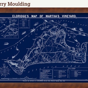 May include: A vintage map of Martha's Vineyard, printed in white on a dark blue background. The map shows the island's coastline, towns, and roads. The title "Eldridge's Map of Martha's Vineyard" is printed at the top of the map. The map was published in 1913.