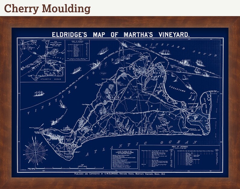 May include: A vintage map of Martha's Vineyard, printed in white on a dark blue background. The map shows the island's coastline, towns, and roads. The title "Eldridge's Map of Martha's Vineyard" is printed at the top of the map. The map was published in 1913.