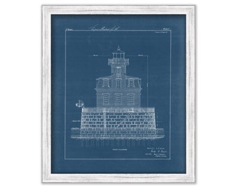 ESOPUS MEDOWS LIGHTHOUSE, Hudson River, New York  -   Blueprint Drawing and Plan of the Lighthouse as it was in 1870.