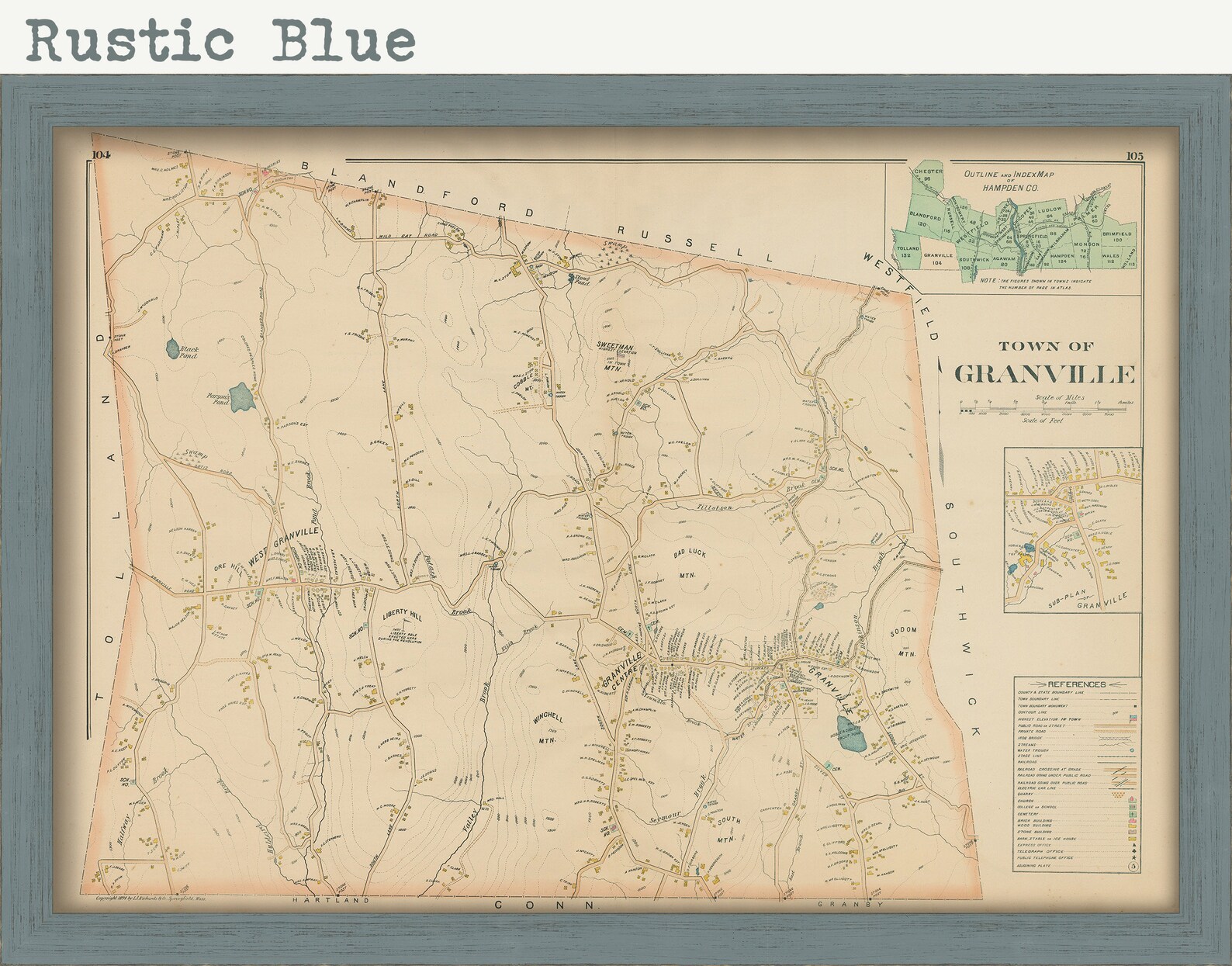 GRANVILLE Massachusetts 1894 Map Replica or Genuine Etsy