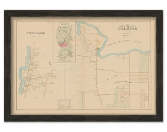 FALL RIVER, Massachusetts 1895 Map, Plate 7 - Oak Grove, Steep Brook - Replica or GENUINE Original