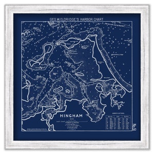 May include: A vintage nautical chart of Hingham Harbor, Massachusetts, printed in white on a dark blue background. The chart includes details of the harbor's waterways, islands, and depths. The title "GEO. W. ELDRIDGE'S HARBOR CHART" is printed at the top of the chart. The chart number "No. 51" is printed in the bottom right corner.