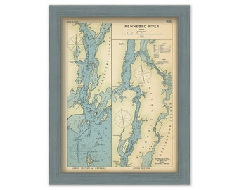 KENNEBEC RIVER, Maine 1909 - Nautical Chart by Geo. Eldridge Colored Version