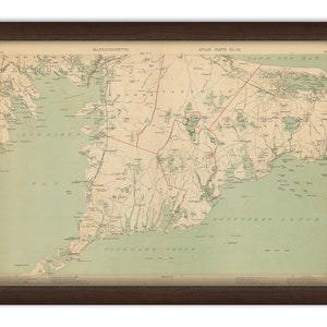 May include: An antique map of Massachusetts, showing the state's coastline and inland areas. The map is printed in black and white with green and brown accents. The map is titled "Massachusetts" and "Atlas Plate XII."