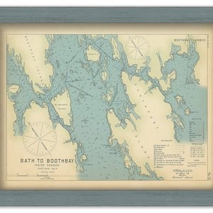 BATH to BOOTHBAY, Maine 1909 - Nautical Chart by Geo. Eldridge Colored Version
