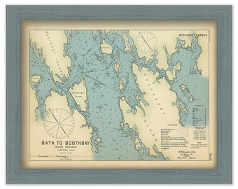 BATH to BOOTHBAY, Maine 1909 - Nautical Chart by Geo. Eldridge Colored Version