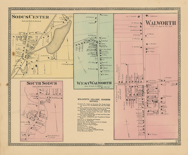 Sodus And Walworth Villages New York 1874 Map Replica And GENUINE Il 7mxe 