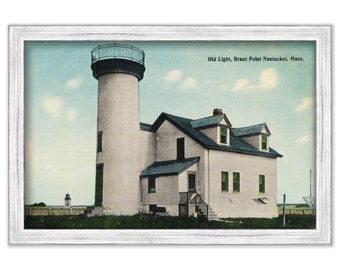 BRANT POINT LIGHTHOUSE, Nantucket, Massachusetts - 1920s Print - Old lighthouse with current Lighthouse in Background