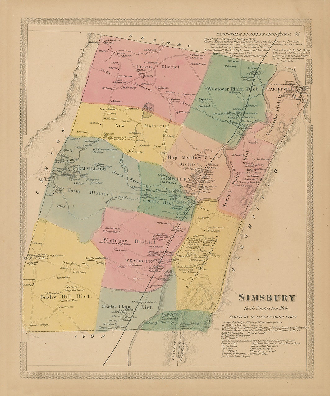 SIMSBURY, Connecticut, 1869 Map, Replica or GENUINE ORIGINAL