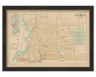 FALL RIVER, Massachusetts 1895 Map, Plate 3 - Oak Grove Cemetery, Locust St - Replica or GENUINE Original