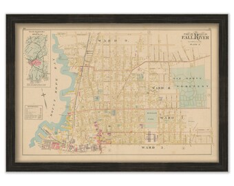 FALL RIVER, Massachusetts 1895 Map, Plate 3 - Oak Grove Cemetery, Locust St - Replica or GENUINE Original