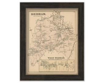 Town of DEDHAM, Massachusetts 1876 Map - Replica or GENUINE ORIGINAL