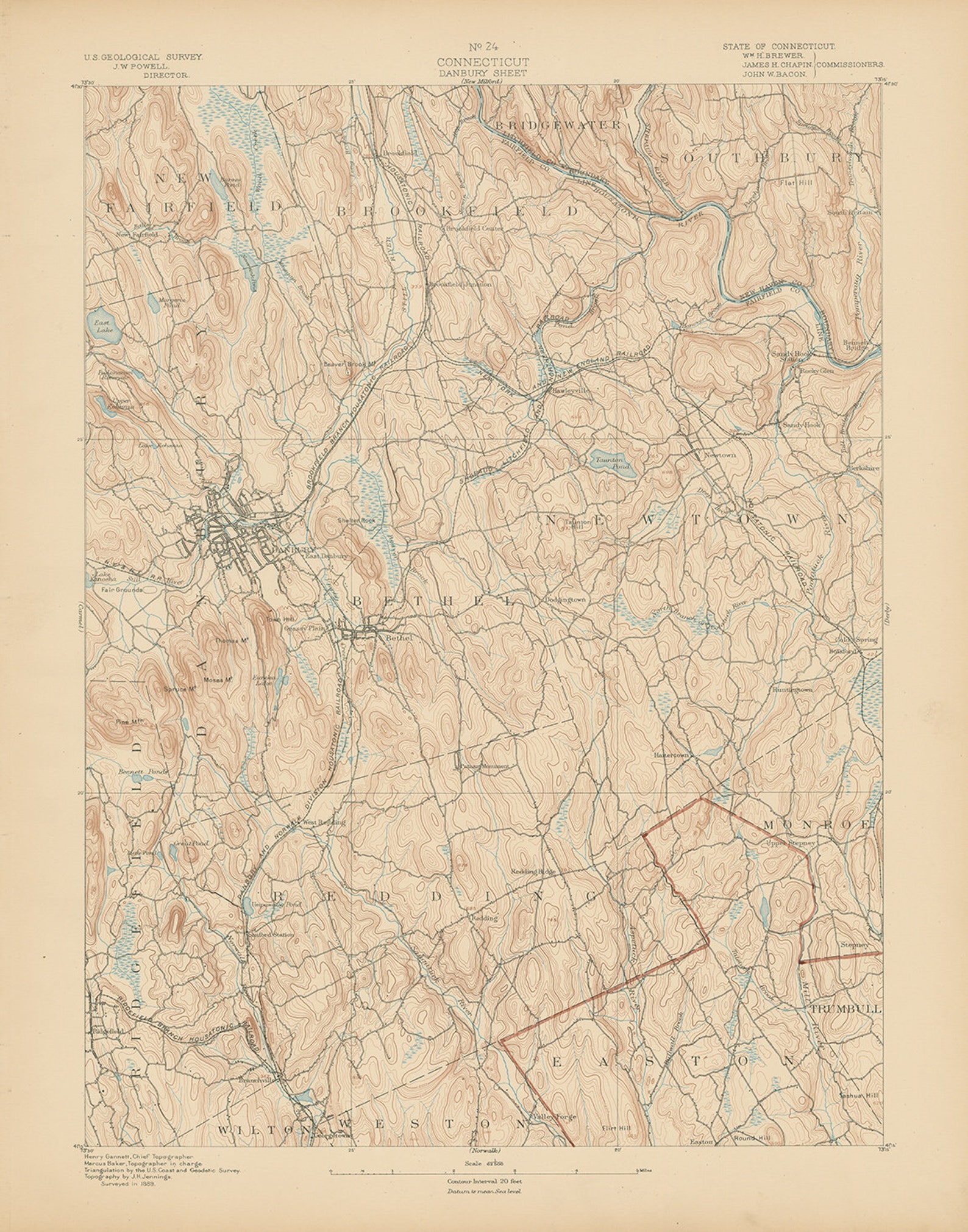 DANBURY REDDING and BETHEL Connecticut 1893 Topographic Map Etsy