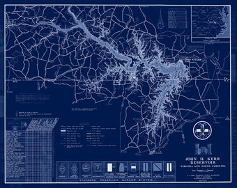 John H. Kerr Reservoir, Virginia/North Carolina - 1973 Blueprint Map