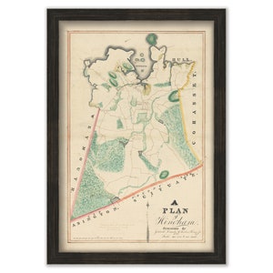 May include: An antique map of the town of Wincham, Massachusetts, printed in black, red, green, and yellow ink. The map shows the town's boundaries, roads, and waterways. The title "A PLAN of Wincham. Surveyed by..." is printed at the bottom of the map.