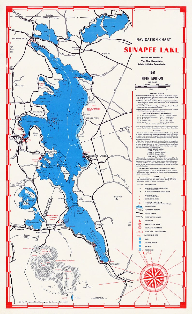 lake-sunapee-new-hampshire-1961-nautical-chart-etsy