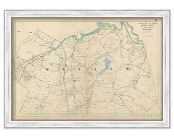 Town of WESTON, Massachusetts 1908 Map - Replica or GENUINE Original