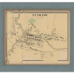 May include: An antique map of Ludlow, Massachusetts, showing the town's streets, buildings, and landmarks. The map is printed in black and white on a cream-colored background. The title "Ludlow" is printed in a large, bold font at the top of the map.