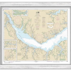 May include: Nautical chart of the Neuse River, North Carolina, showing the river's course, inlets, and surrounding land features. The chart is printed on paper and framed in a white frame.