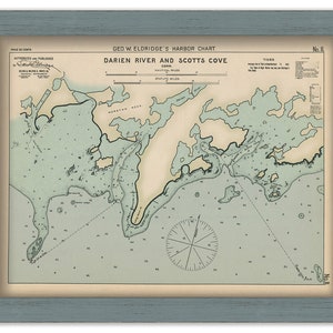 May include: A vintage nautical chart of Darien River and Scotts Cove, Connecticut. The chart is printed on cream-colored paper with blue and green markings. The chart includes a compass rose and a scale in nautical miles. The text "GEO.W. ELDRIDGE'S HARBOR CHART" is printed at the top of the chart.