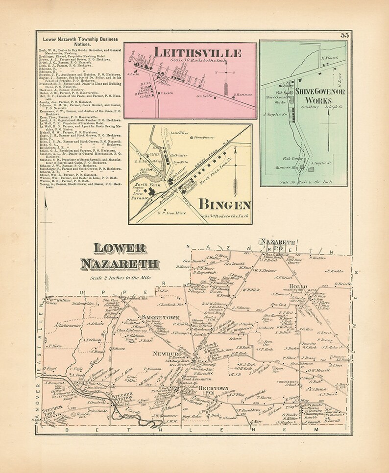 LOWER NAZARETH Pennsylvania 1872 Map Replica or Genuine Etsy
