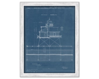 THOMAS POINT SHOAL Lighthouse, Cheapeake Bay, Maryland -  Blueprint Drawing and Plan of the Lighthouse as it was in 1875.