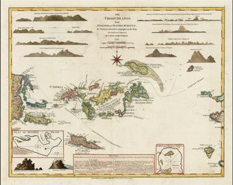 VIRGIN ISLANDS  - St Thomas, St Croix, St John, Virgin Gorda, Tortola and Josh Van Dyke -  1775 Nautical Chart by Thomas Jefferys - COLORED