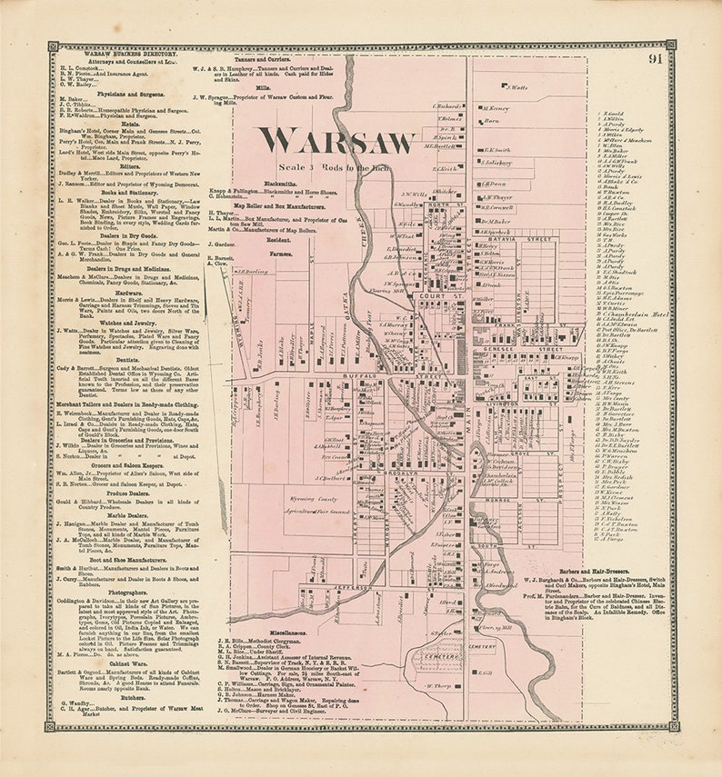 Village of WARSAW Wyoming County New York 1866 Map Etsy