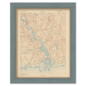 May include: A vintage map of the area around the town of Branford, Connecticut, with detailed topography and waterways. The map is printed in shades of brown, blue, and green, and includes text labels for various features.