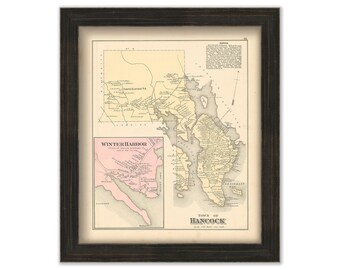 HANCOCK and WINTER HARBOR, Maine 1881 Map, Replica or Genuine Original