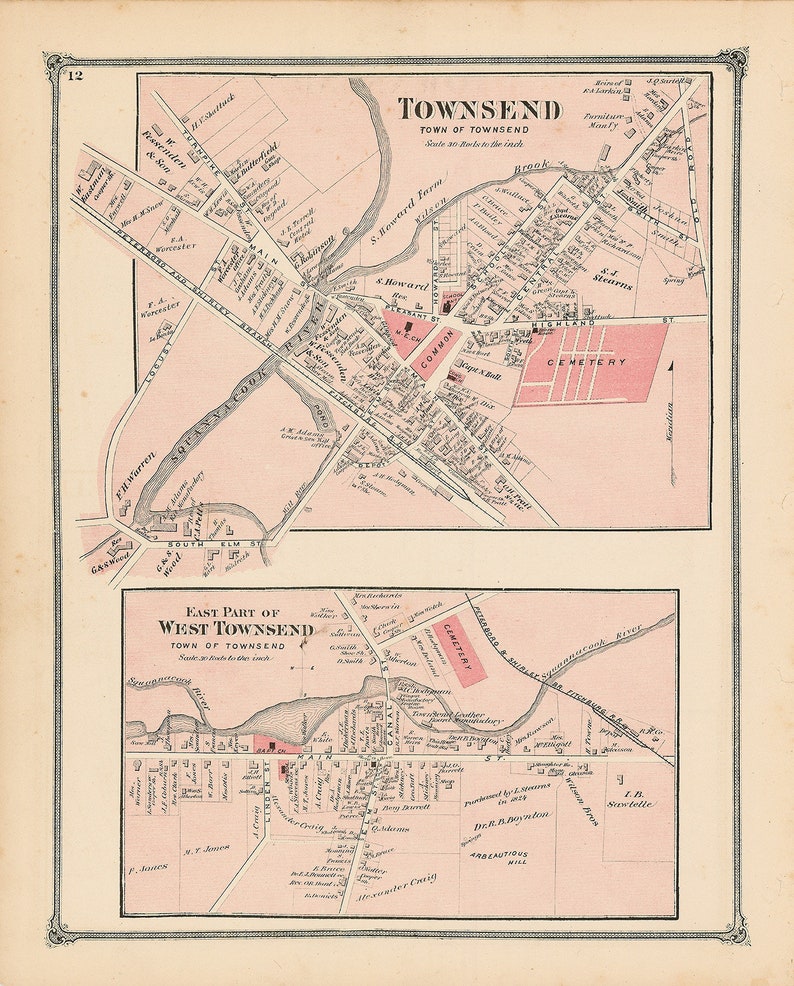 TOWNSEND VILLAGE Massachusetts 1875 Map Replica or Genuine Etsy