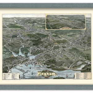 May include: An antique map of Hingham, Massachusetts, showing the town's layout and surrounding landscape. The map is printed in shades of brown, green, and blue, with a key listing various landmarks and businesses. The map is framed in a light blue frame.