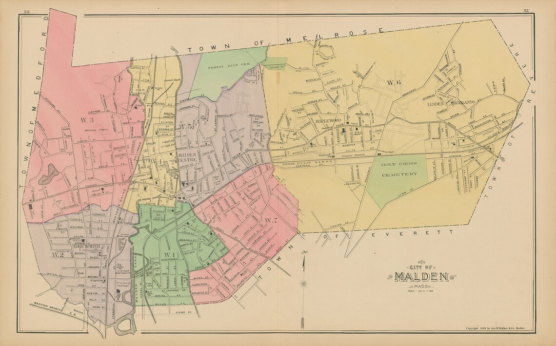 MALDEN Massachusetts 1889 Map Replica or Genuine ORIGINAL Etsy