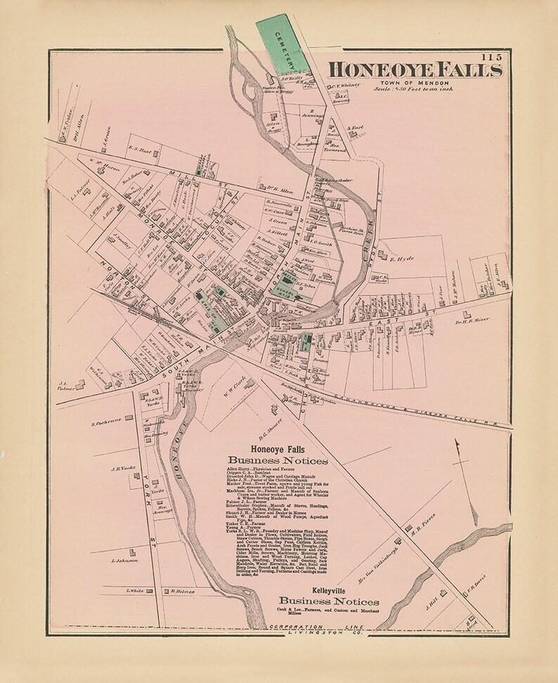 Village of HONEOYE FALLS New York 1872 Map Etsy