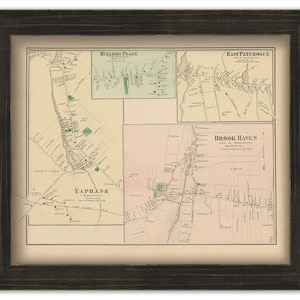 May include: An antique map of Yaphank, Millers Place, East Patchogue, and Brookhaven, New York. The map is printed on cream-colored paper and features black lines and text. The map is framed in a dark wood frame.