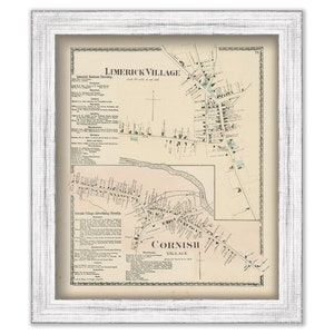 May include: An antique map of Limerick and Cornish Villages in New Hampshire, showing the layout of the towns with streets and buildings. The map is printed on aged paper with a light brown background and includes a key with names of residents and businesses.