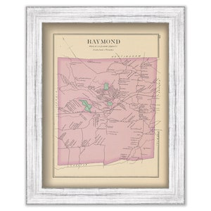 May include: An antique map of Raymond, Rockingham County, New Hampshire. The map is printed on cream-colored paper and features a pink background with green accents. The map shows roads, towns, and other geographical features.