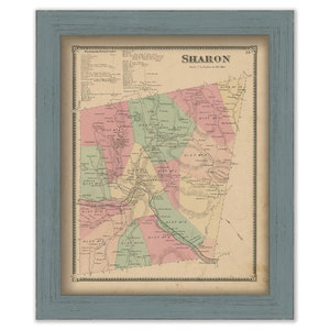 May include: An antique map of Sharon, Massachusetts, printed in black and white with colored districts. The map includes a key and a business directory. The title of the map is "Sharon" and the scale is "1/2 inch to the mile".