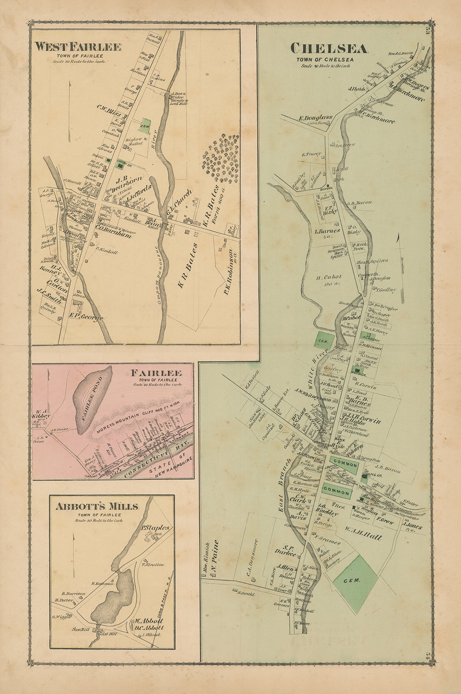 Villages of FAIRLEE and CHELSEA Vermont 1877 Map Replica or Etsy
