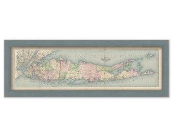 LONG ISLAND, New York 1873 Map with Blue Water