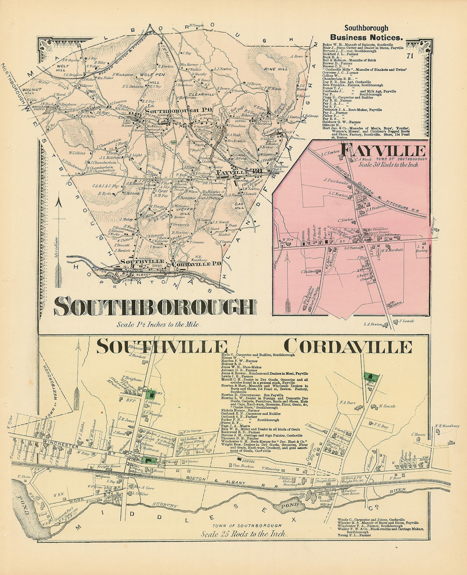 Town of SOUTHBOROUGH Massachusetts 1870 Map Etsy