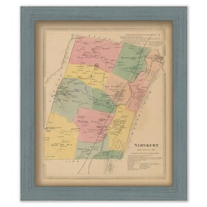 May include: An antique map of Simsbury, Connecticut, printed in 1866. The map shows the town's different districts and neighborhoods, including Tariffville, Weatogue, and the town center. The map is printed in black and white with colored lines and areas to highlight different features.